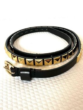 Black Thin Leather Studded Belt Gold Square Pyramid Accents adds Flare Glam